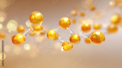 Fototapeta Naklejka Na Ścianę i Meble -  3D illustration of retinol molecular structure with gold spheres connected by transparent rods, set against soft, glowing background. image conveys sense of scientific elegance