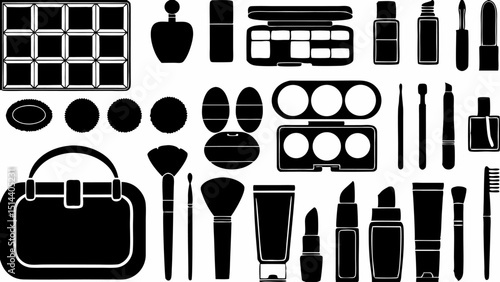 Illustration of various beauty products including makeup brushes perfume and compacts in black and white |eps vectors set silhouette
