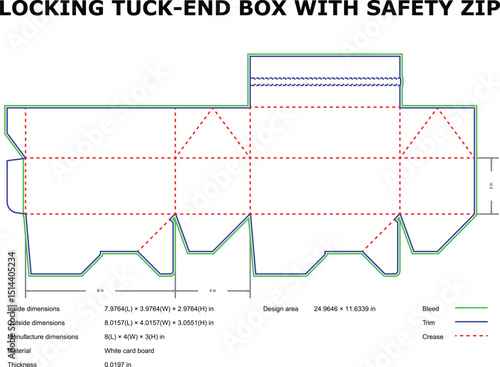 Locking tuck end box die cut template safety zip packaging design
