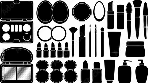 Illustration of various makeup products including brushes lipstick and compacts in black and white style |eps vectors set silhouette