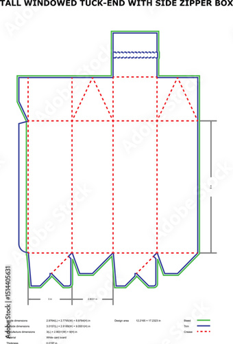 Tall windowed tuck end side zipper box packaging die cut template