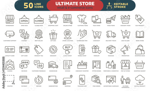 Store and commerce icon set. Thin line editable stroke icons for retail, online shopping, small business, e-commerce, logistics, checkout, promotions, marketing, delivery and customer experience
