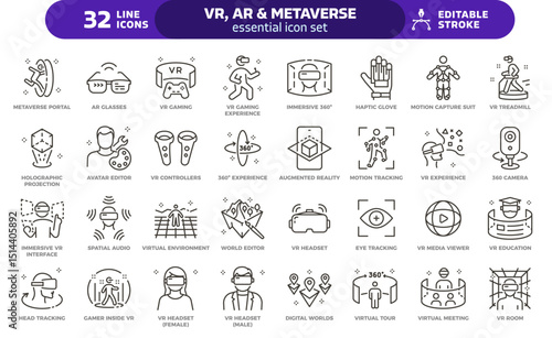 Virtual reality, augmented reality and metaverse icon set. Thin line editable stroke icons for immersive experiences, vr and ar