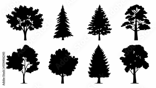 Silhouette illustration of various tree types including pine oak and other deciduous trees on white ground |eps vectors set