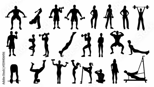 Silhouette illustrations showcasing various fitness exercises and workout routines in black and white style |eps vectors set