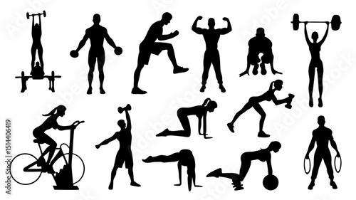 Silhouette collection of people doing different exercises and weightlifting activities in various poses |eps vectors set