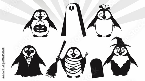 A collection of halloween themed penguins in costume against a radial burst background design vector art |eps vectors set silhouette