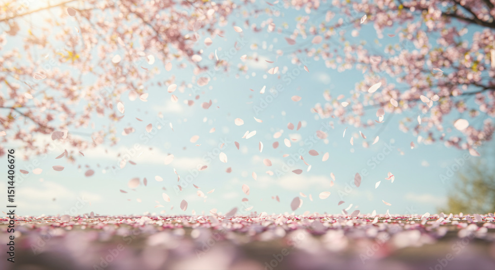 Fototapeta premium A beautiful display of falling cherry blossom petals, capturing spring's gentle beauty.