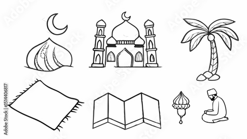 Doodle style illustration of islamic symbols including a mosque, moon, and praying muslim figure |eps vectors set silhouette