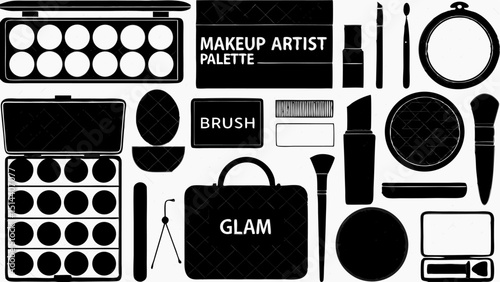 A collection of makeup artist tools and accessories including palettes brushes and glam bag design |eps vectors set silhouette