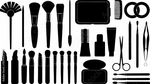 Collection of various makeup tools and accessories in black silhouette on a white background view from above |eps vectors set