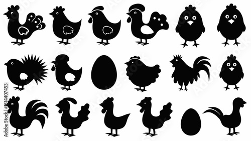 Collection of silhouette style chicken and rooster illustrations along with eggs in black and white color |eps vectors set