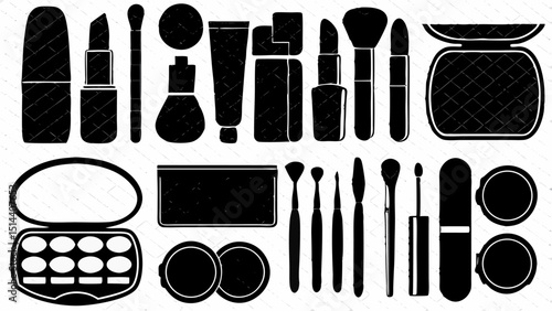 Illustration of various makeup products including lipstick brushes and eyeshadow palettes in black |eps vectors set silhouette