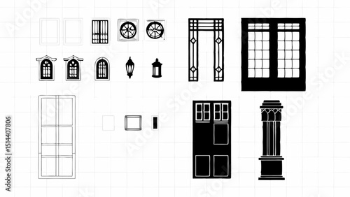 Illustration showcasing various window styles doors and architectural elements in black and white drawing style |eps vectors set silhouette