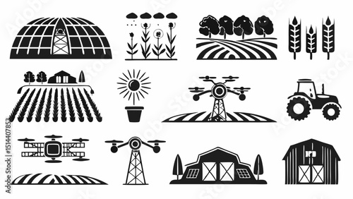 Illustration of various agricultural elements including a greenhouse, crops, drones, and farm equipment |eps vectors set silhouette