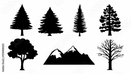 Illustration of various tree silhouettes including pine trees deciduous tree and mountain range scenery |eps vectors set