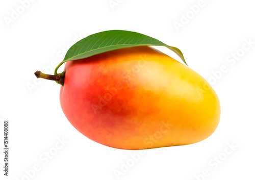 A yellow mango without leaves standing in a clean isolated on transparent background