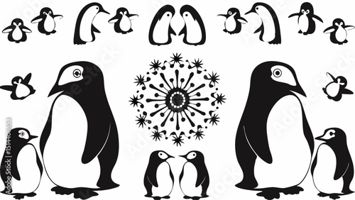 Silhouette illustration featuring penguins and a snowflake design in black and white colors |eps vectors set