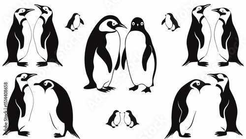 Illustration showcasing several groups of penguins in black and white with varying sizes and arrangements |eps vectors set silhouette