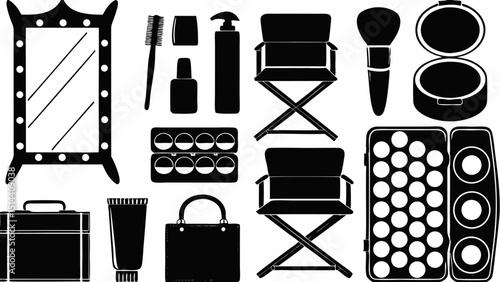 Illustration of various makeup and beauty related items in black silhouette style on a white background |eps vectors set