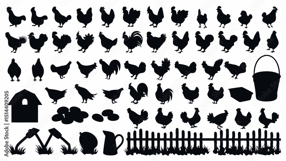 Naklejka premium Silhouette vector art featuring various chickens, farm elements, and rural countryside objects design |eps vectors set