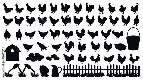 Silhouette vector art featuring various chickens, farm elements, and rural countryside objects design |eps vectors set