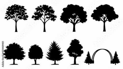 Silhouette illustration of various trees including deciduous and evergreen with an archway design element |eps vectors set