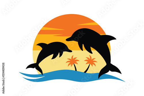 Two dolphins jumping over ocean waves at sunset vector illustration