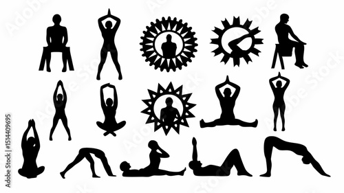 Silhouettes showing yoga poses and seated figures in various positions and decorative sunburst shapes |eps vectors set