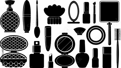 Black and white silhouette illustration of various cosmetic and beauty products arranged together nicely |eps vectors set