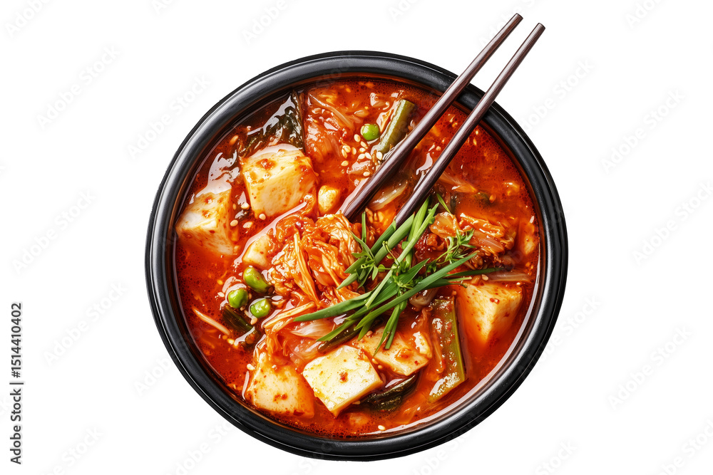 Spicy Korean kimchi jjigae with tofu, mushrooms, and green onions served in black bowl with chopstick isolated on white transparent background, traditional Asian cuisine concept Spicy Korean kimchi jjigae with tofu, mushrooms, and green onions served in black bowl with chopstick isolated on white transparent background, traditional Asian cuisine concept