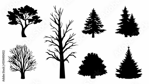 Silhouette collection of different tree types including deciduous and coniferous trees in black color |eps vectors set