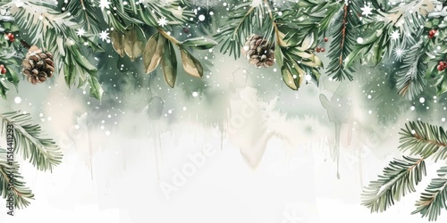 rustic watercolor Christmas banner with a soft snowy white and deep forest green gradient background. Hanging from the top are fir branches, pinecones, and delicate sprigs of holly berries