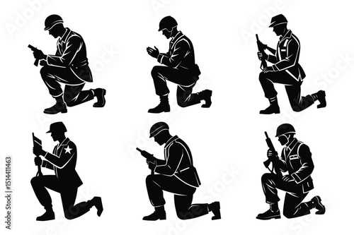 Set of soldier kneeling on one knee silhouette vector illustration on white background.