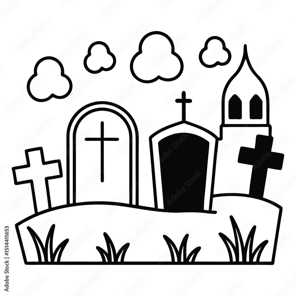 Naklejka premium A cemetery gravestones halloween grave line art vector illustration on white background.
