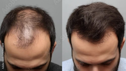 Male Pattern Hair Loss Before and After Treatment Showing Hairline Restoration and Regrowth on the Scalp