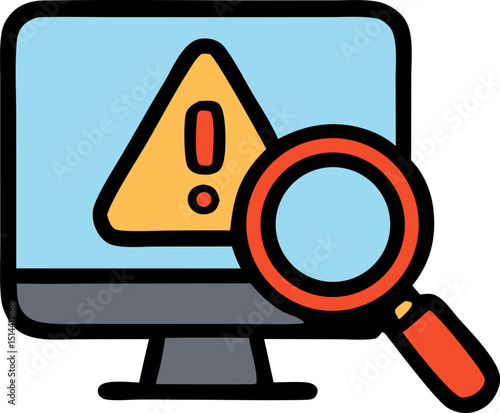 Computer troubleshooting icon, exclamation point in triangle, magnifying glass. Suitable for tech, warning, search concepts in design, web, presentations.