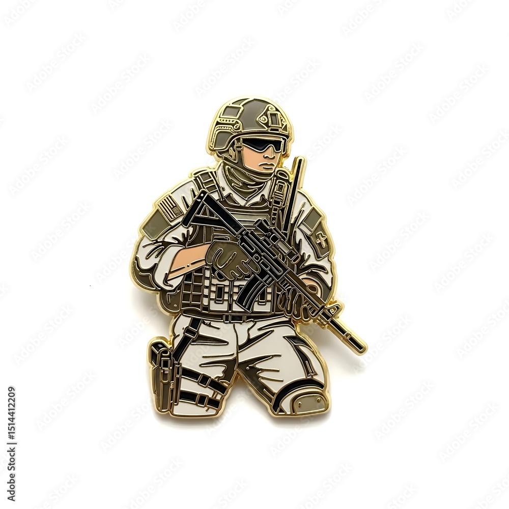 Fototapeta premium enamel pin of an army military man soldier, lapel pin, military figure, miniature pin, pin design, collectible pin, army collectible, military badge, army badge, tactical, combat gear, decorated