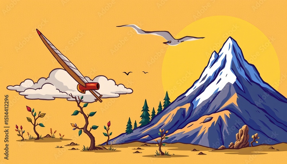 Naklejka premium a kawaii style illustration of summit, positioned right, ,no text, no logo, isolated yellow background