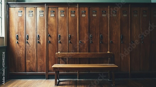 Row of wooden lockers with bench in front in locker room