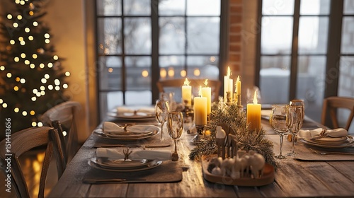 Rustic farmhouse dining table with winter decor