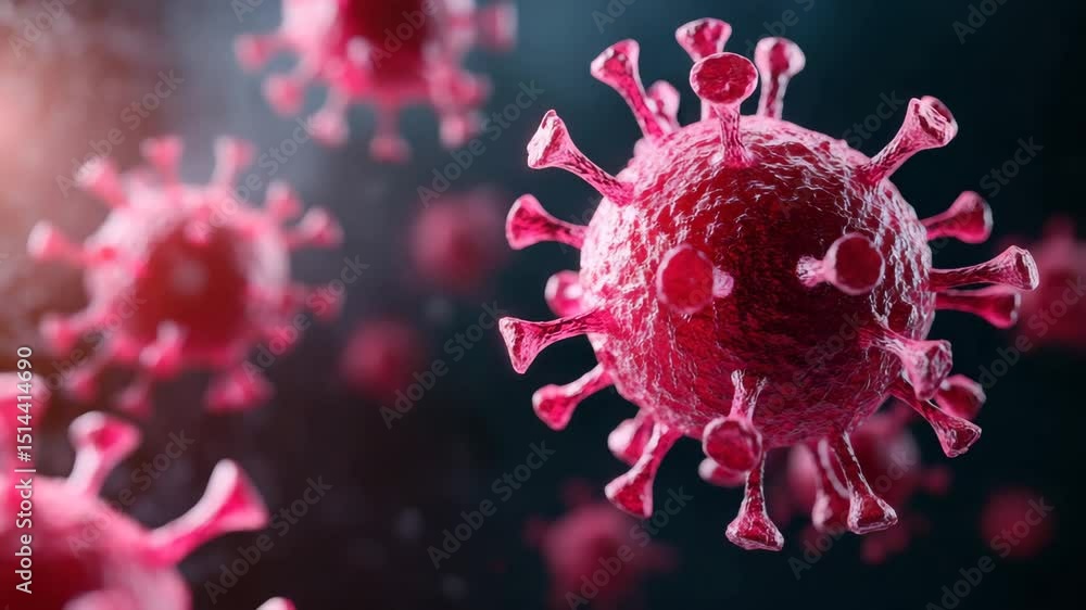 Coronavirus particle close up with red spike protein structure, microscopic virus illustration showing infectious disease and pandemic concept, detailed 3D rendering showing virus structure Coronavirus particle close up with red spike protein structure, microscopic virus illustration showing infectious disease and pandemic concept, detailed 3D rendering showing virus structure