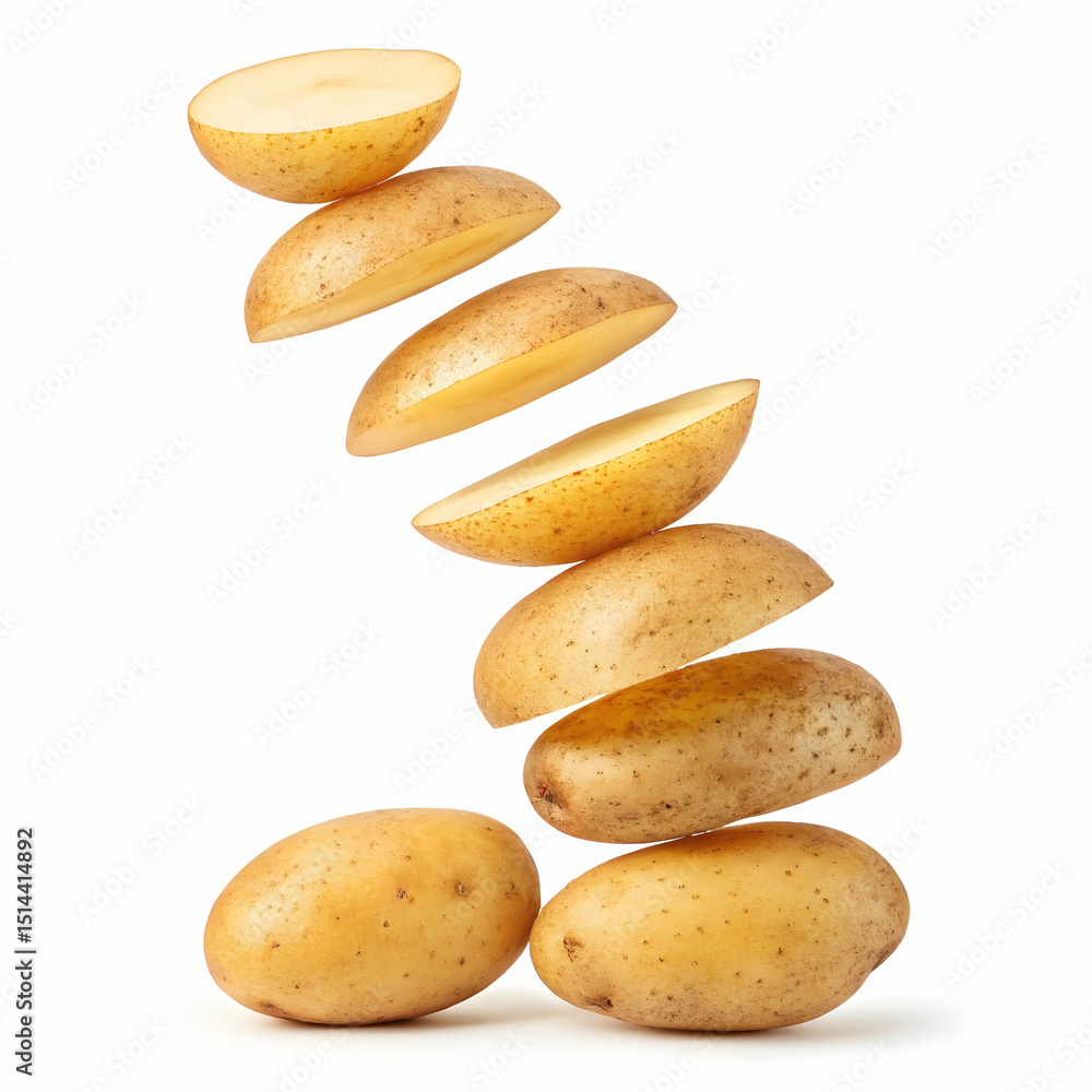 Obraz premium A dynamic splash of round fresh potatoes falling in mid-air with scattered motion, isolated on white background