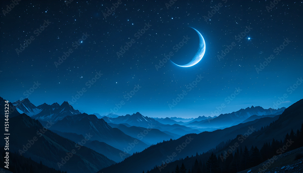Obraz premium Scenic Night Sky with Crescent Moon Over Mountain Range Under Starry Sky – Serene Nature Landscape at Dusk