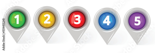 Five 3D map pointers are aligned horizontally, each containing a different colored circle with a white number inside. The numbers range from 1 to 5