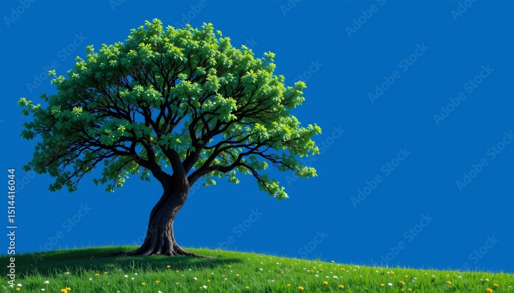 Fototapeta premium a biopunk scene of elm tree, positioned right, ,no text, no logo, sapphire blue background