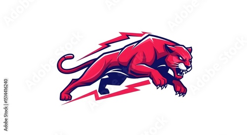 A stylized red panther leaping forward with lightning bolts on a white background