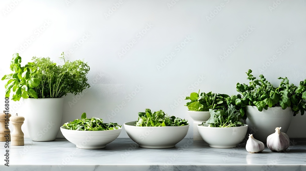 Fototapeta premium Fresh Herbs and Vegetables in White Ceramic Bowls for Healthy Cooking