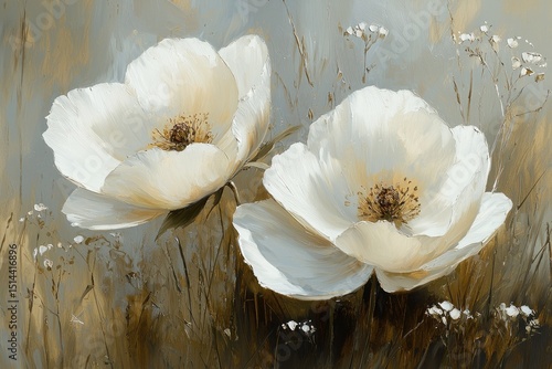 Two delicate white flowers in a field, painted in soft tones.