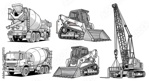 Illustration showing construction vehicles including cement trucks and skid steer loaders